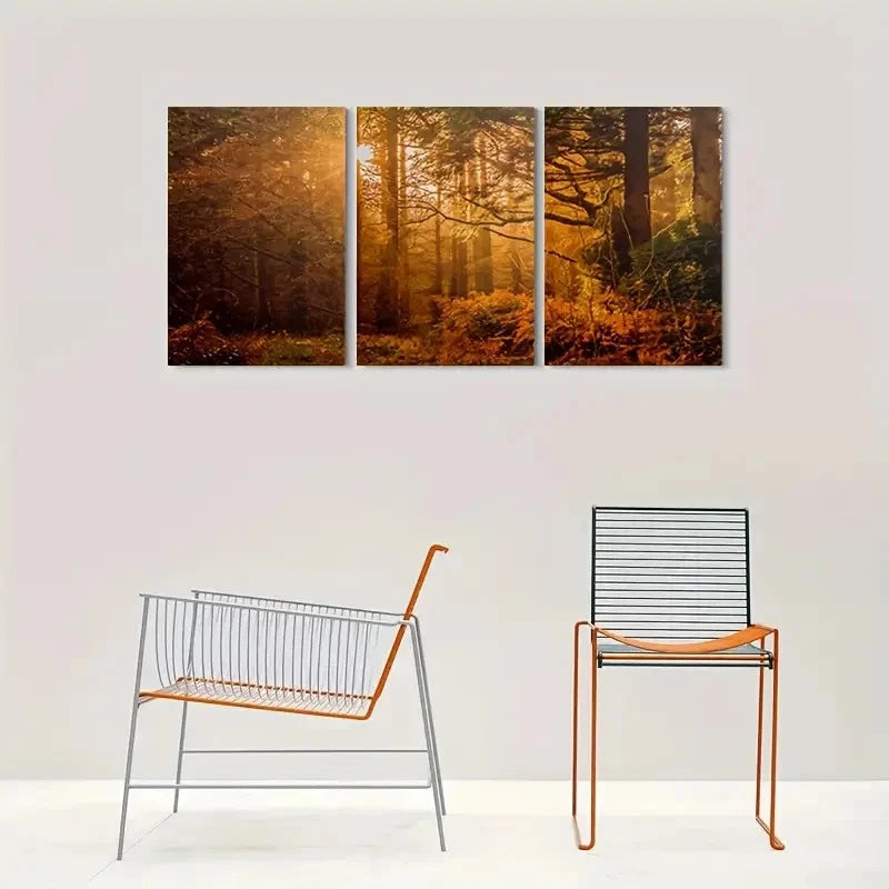 3pcs Golden Forest Sunset Triptych Metal Print Ready to Hang Art - Bella Home Decor