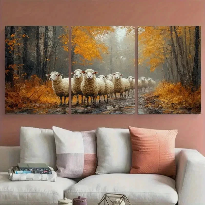 3pcs Textured Village Sheep Illustration Wall Art Set Canvas Framed 40x60cm - High Quality Print 100% Australian Made Wall Canvas Ready to Hang