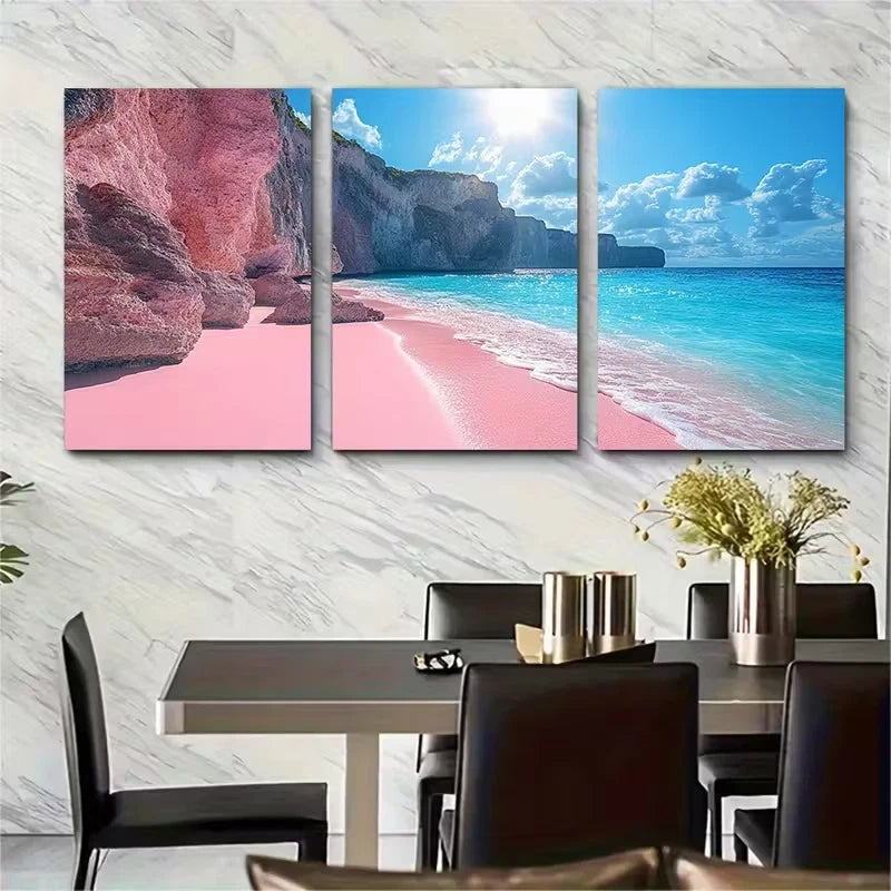 3pcs Pink Blue Rocky Beach Metal Print Ready to Hang Art