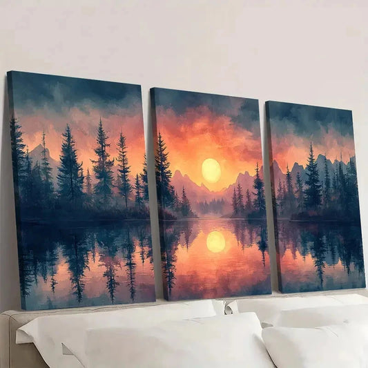 3pcs Peaceful Pine Forest Twilight Lake RJ Wall Art Set Canvas Framed 60x90cm - High Quality Print 100% Australian Made Wall Canvas Ready to Hang