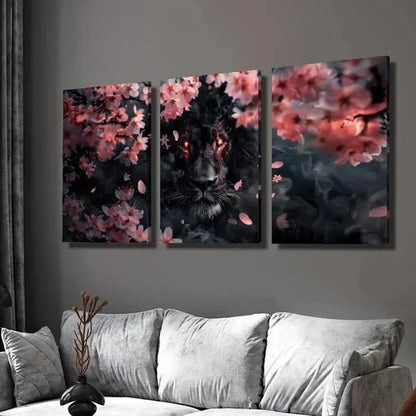 3pcs Black Panther & Pink Cherry Blossom Wall  Art Set Canvas Unframed - High Quality Print 100% Australian Made Wall Canvas - Bella Home Decor