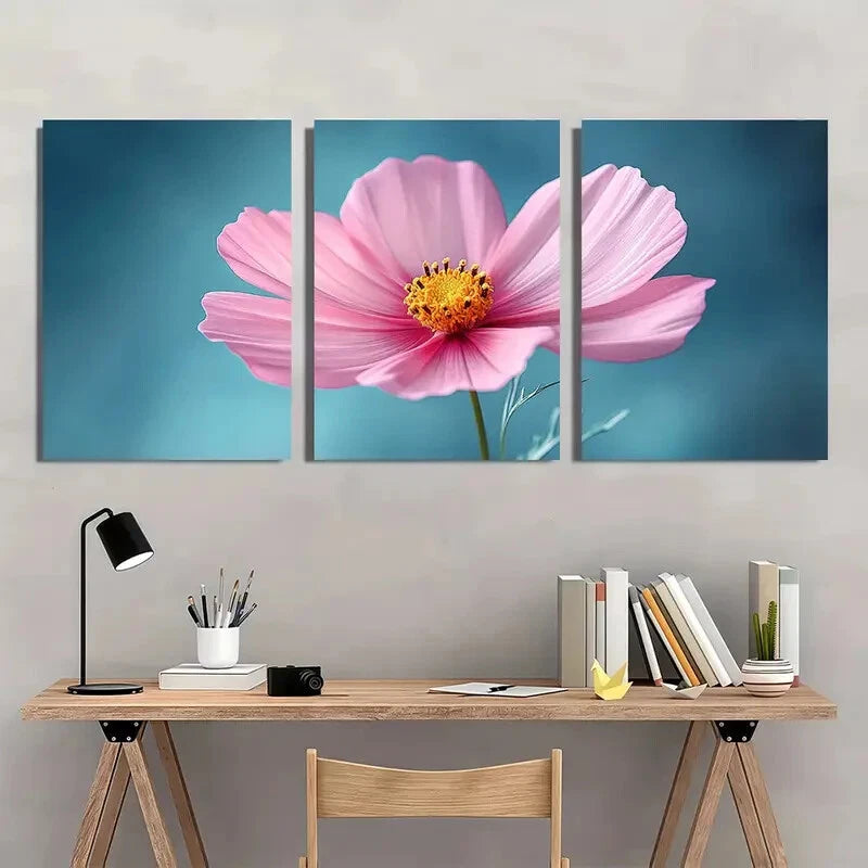 3pcs Vibrant Floral Pink Cosmo Flower Metal Print Ready to Hang Art - Bella Home Decor