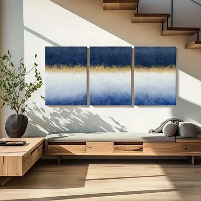 3pcs Blue White Golden Abstract Gradient Wall Art Metal Print Ready to Hang Art - Bella Home Decor