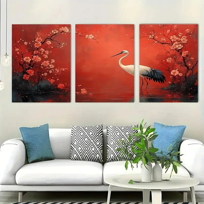 3pcs Beautiful Crane Flower Bird Perfect Wall Art Set Canvas Framed 40x60cm - High Quality Print 100% Australian Made Wall Canvas Ready to Hang - Bella Home Decor