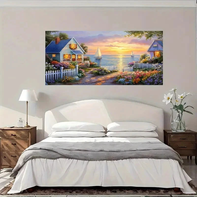 Sunset Coastal Scene Wall Art Canvas Office Home Room Framed 120x60cm