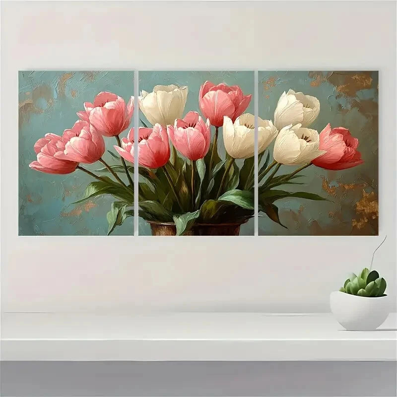 3pcs Fresh White and Pale Pink Tulips in Vases Metal Print Ready to Hang Art - Bella Home Decor