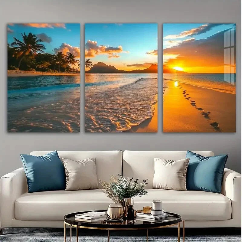 3pcs Tropical Beach Sunset Modern Seascape Metal Print Ready to Hang Art - Bella Home Decor
