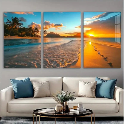 3pcs Tropical Beach Sunset Modern Seascape Metal Print Ready to Hang Art - Bella Home Decor