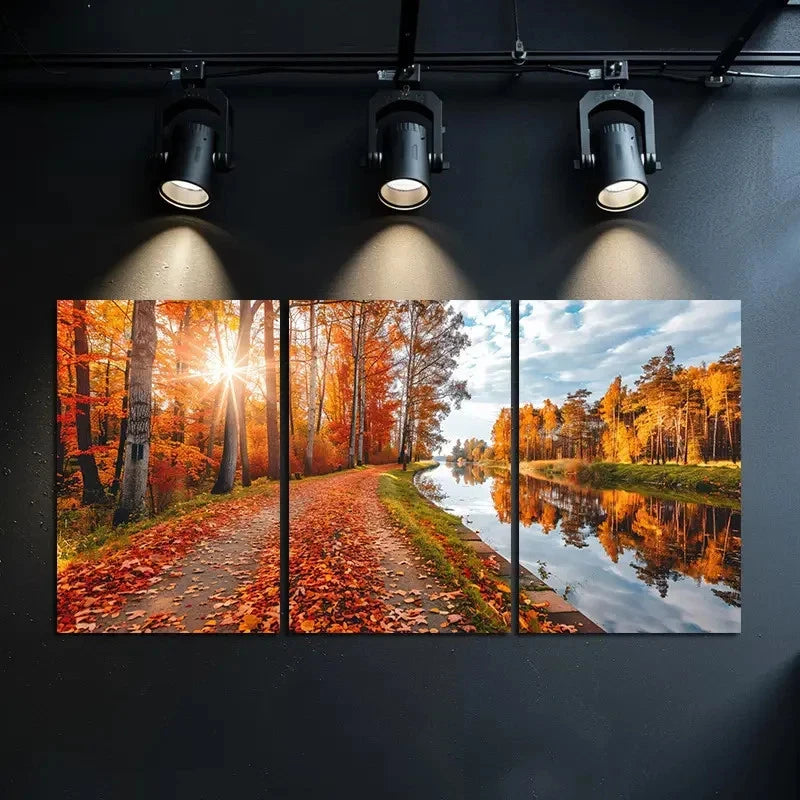 3pcs Autumn Sunlit Path & Serene River Metal Print Ready to Hang Art - Bella Home Decor