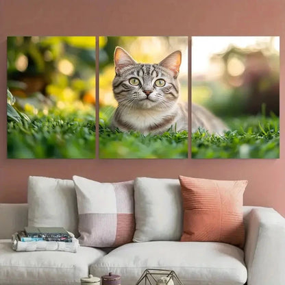 3pcs British Silver Tabby Cat Green Grass Metal Print Ready to Hang Art