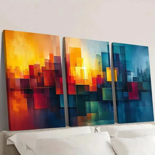 3pcs Blue Green Geometric Abstract Illu D Wall Art Set Canvas Unframed - High Quality Print 100% Australian Made Wall Canvas - Bella Home Decor