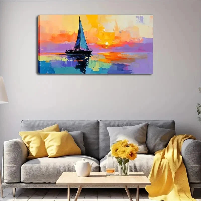 Sailing Boat Sunset Scene Wall Art Canvas Office Home Room Framed 120x60cm - Bella Home Decor