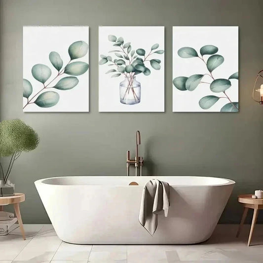 3pcs Light Green Foliage on White Background Wall Art Set Canvas Framed 60x90cm - High Quality Print 100% Australian Made Wall Canvas Ready to Hang