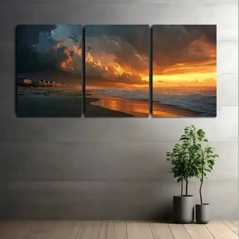 3pcs Dramatic Ocean Sunset with Storm Clouds Metal Print Ready to Hang Art - Bella Home Decor