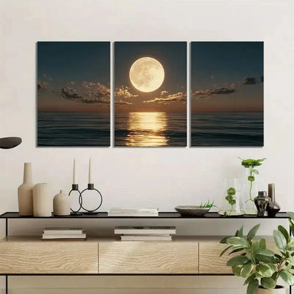 3pcs Full Moon Setting Over the Ocean Metal Print Ready to Hang Art - Bella Home Decor
