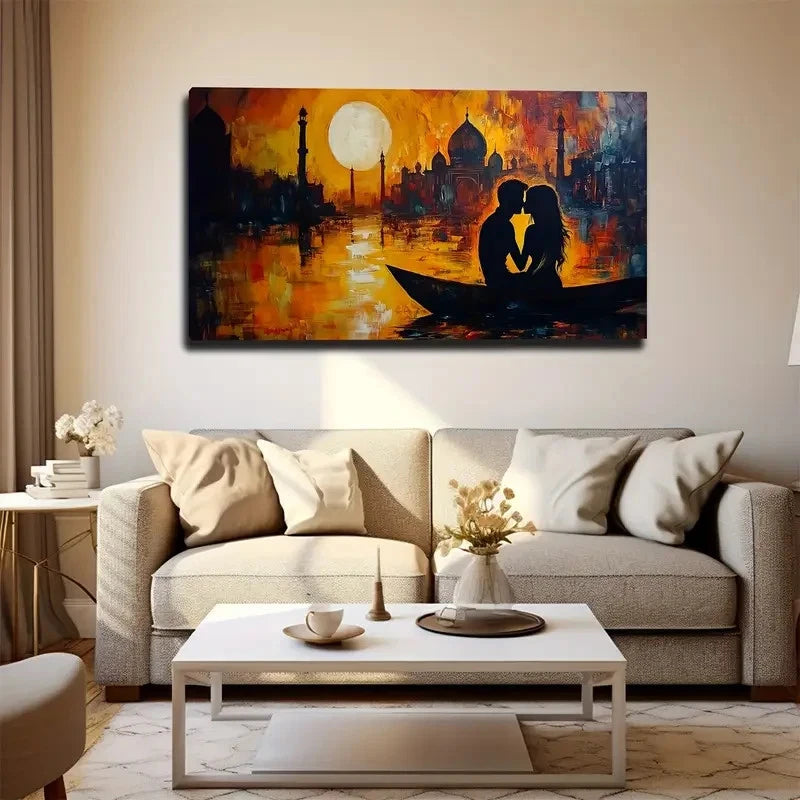 Sunset Boat Couple Wall Art Canvas Office Home Room Framed 120x60cm