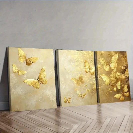 3pcs Butterfly oil painting in gold leaf Wall Art Set Canvas Framed 50x70cm - High Quality Print 100% Australian Made Wall Canvas Ready to Hang