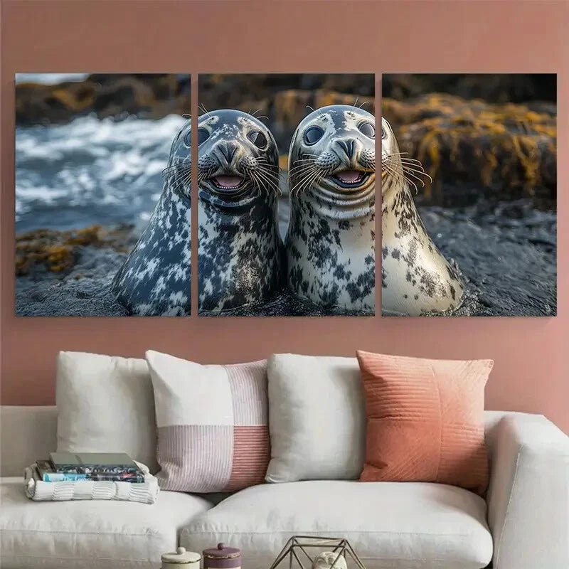 3pcs Two Friendly Seals Laughing Together Cute Metal Print Ready to Hang Art - Bella Home Decor