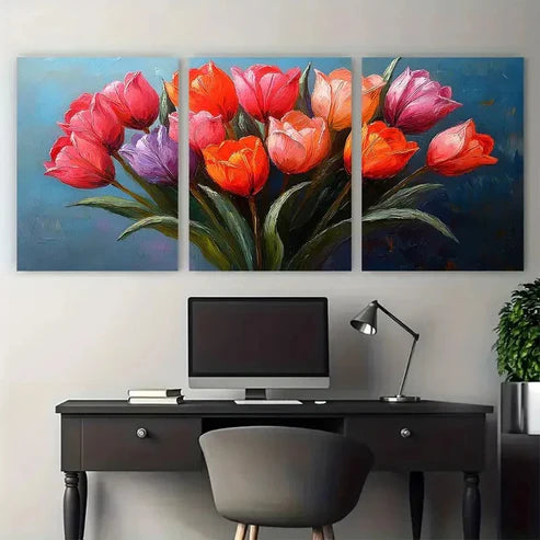 3pcs Impasto Flower Tulip Bouquet Vibrant Floral Wall Art Canvas Unframed – High Quality Print 100% Australian Made Wall Canvas