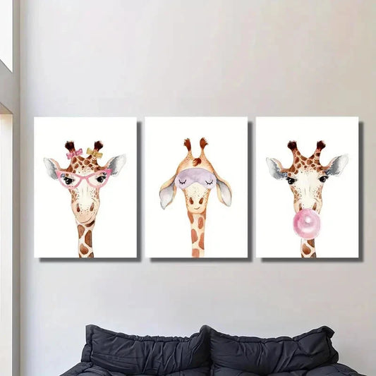 3pcs , Cartoon cute watercolor funny giraffe Metal Print Ready to Hang Art
