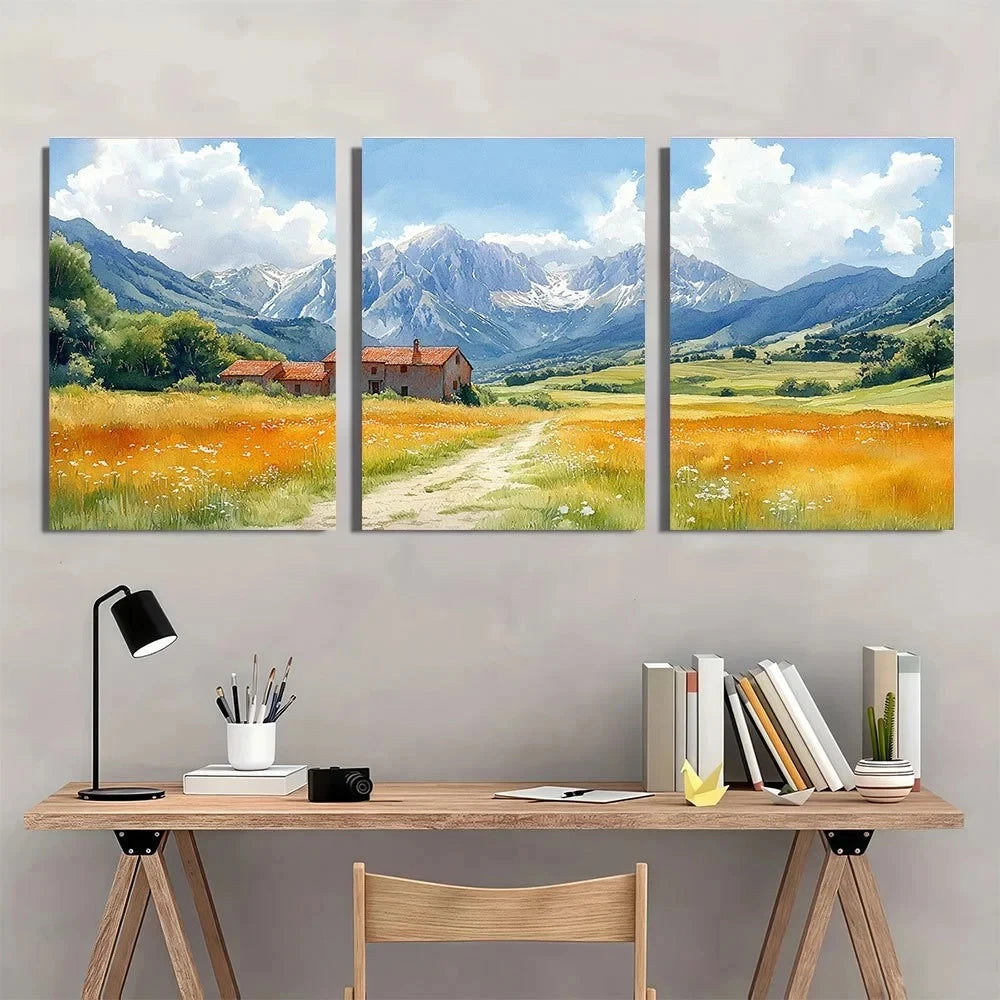 3pcs Golden Wheat Fields Rolling Hills & Mountain Metal Print Ready to Hang Art - Bella Home Decor