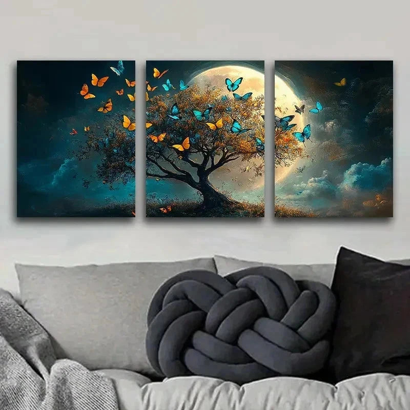 3pcs Vibrant Blue & Golden Forest Wall Art Set Canvas Framed 60x90cm - High Quality Print 100% Australian Made Wall Canvas Ready to Hang