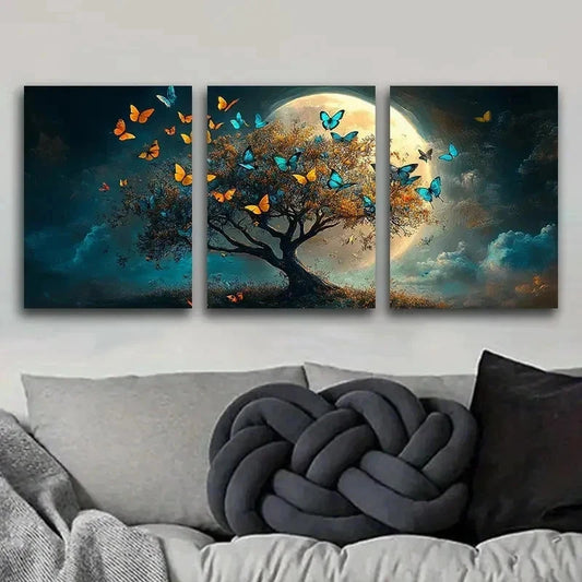 3pcs Vibrant Blue & Golden Forest Wall Art Set Canvas Framed 60x90cm - High Quality Print 100% Australian Made Wall Canvas Ready to Hang