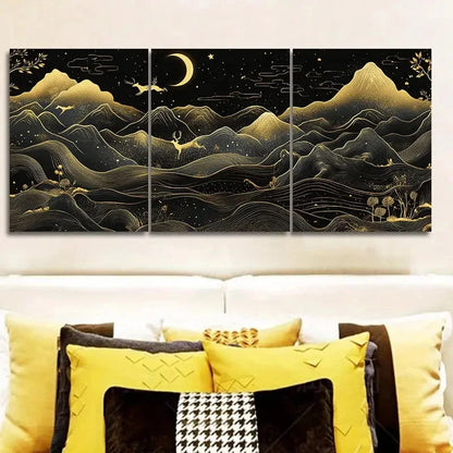 3pcs Golden Mountains And Deer Under Moonlight Wall Art Set Canvas Framed 60x90cm - High Quality Print 100% Australian Made Wall Canvas Ready to Hang - Bella Home Decor