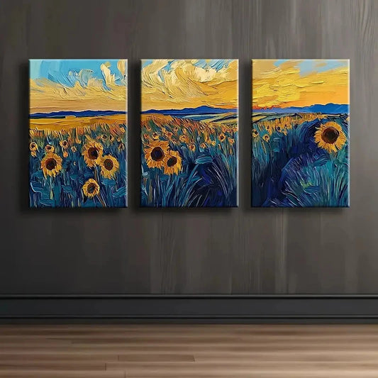3pcs A Field Of Sunflowers At Sunset Painting Wall Art Set Canvas Framed 60x90cm - High Quality Print 100% Australian Made Wall Canvas Ready to Hang