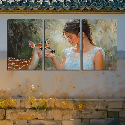 3pcs Cute Girl holding a Deer face Design Metal Print Ready to Hang Art - Bella Home Decor