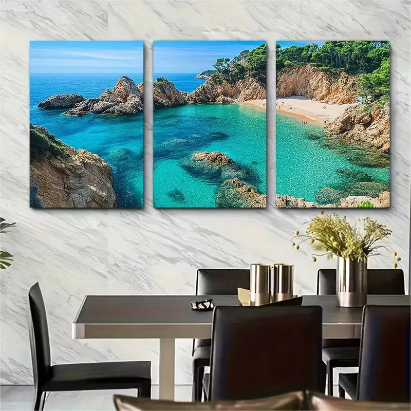 3pcs Turquoise Mediterranean Beach Metal Print Ready to Hang Art