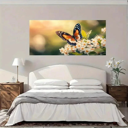 Butterfly On White Flowers Wall Art Canvas Office Home Room Framed 120x60cm