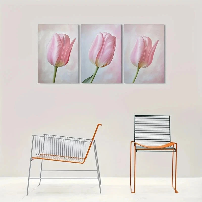 3pcs Pink Tulip Modern Floral Metal Print Ready to Hang Art - Bella Home Decor