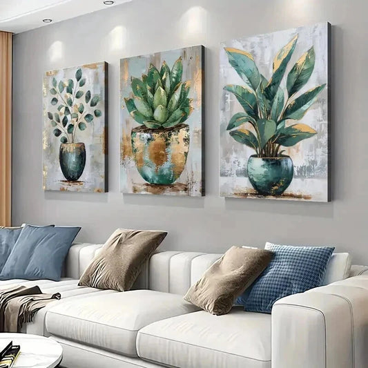 3pcs Green Botanical Succulent Paintings Wall Art Set Canvas Framed 50x70cm - High Quality Print 100% Australian Made Wall Canvas Ready to Hang
