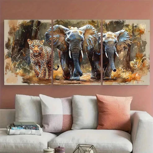 3pcs Elephants and Leopard Exotic Tropical Wall Art Canvas Unframed – High Quality Print 100% Australian Made Wall Canvas