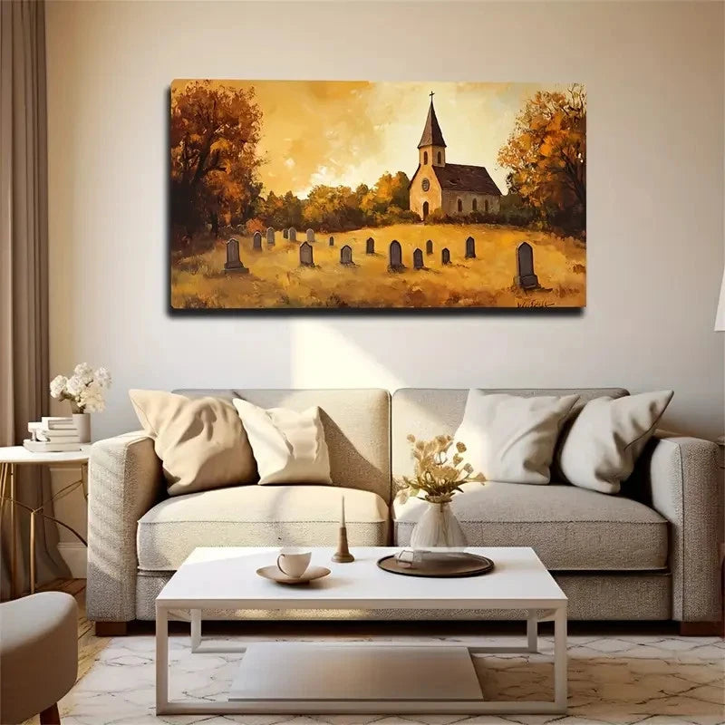Autumn Tombstones Landscape Wall Art Canvas Office Home Room Framed 120x60cm