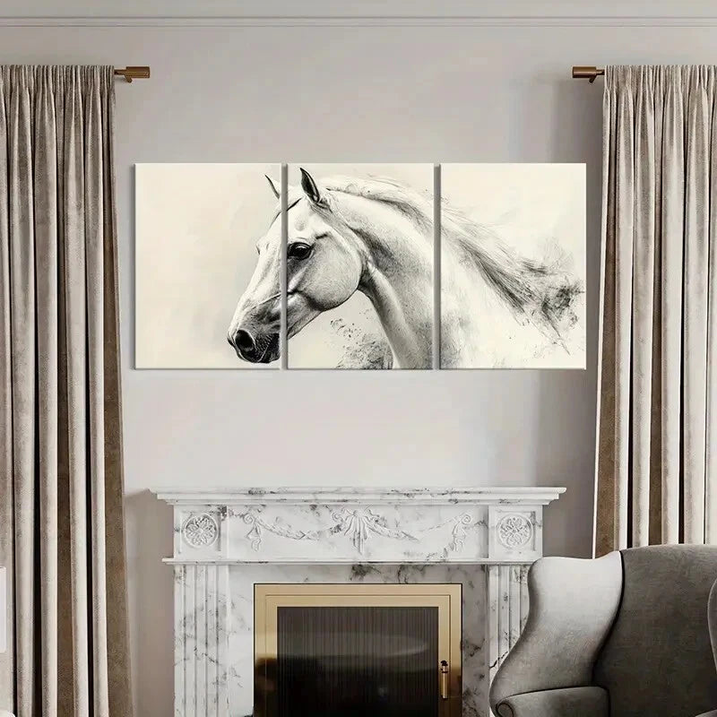 3pcs Elegant Horse Art Monochrome Sketch Metal Print Ready to Hang Art - Bella Home Decor