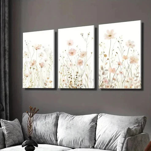 3pcs Soft Pink And Golden Wildflowers Wall Art Canvas Unframed - High Quality Print 100% Australian Made Wall Canvas