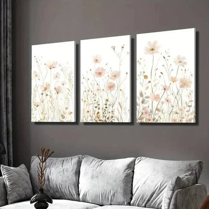 3pcs Soft Pink And Golden Wildflowers Wall Art Canvas Unframed - High Quality Print 100% Australian Made Wall Canvas