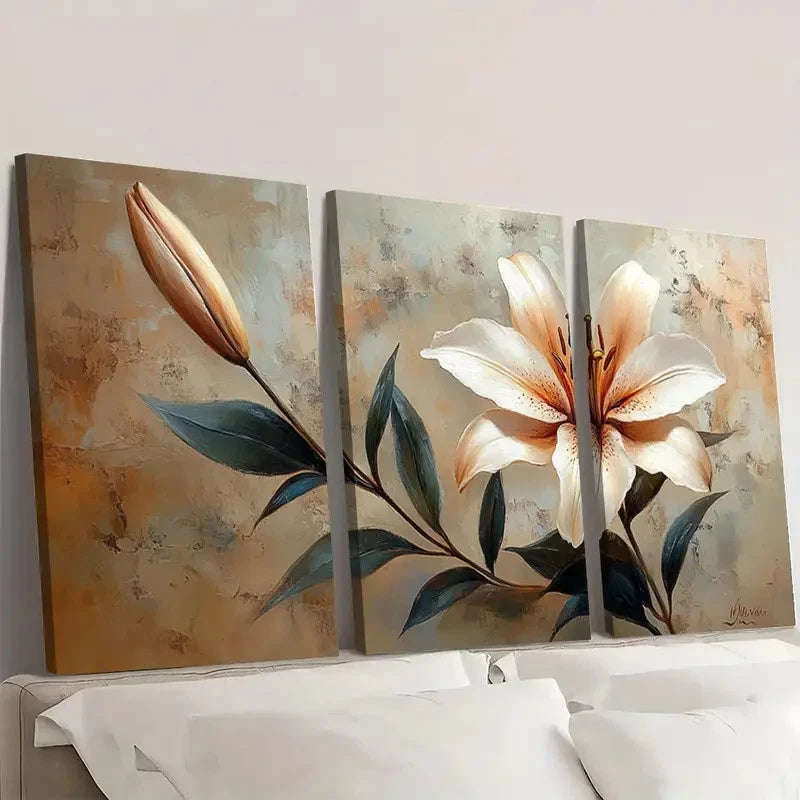 3pcs White Lily Art Beige Painting Print D     Wall Art Set Canvas Framed 60x90cm - High Quality Print 100% Australian Made Wall Canvas Ready to Hang