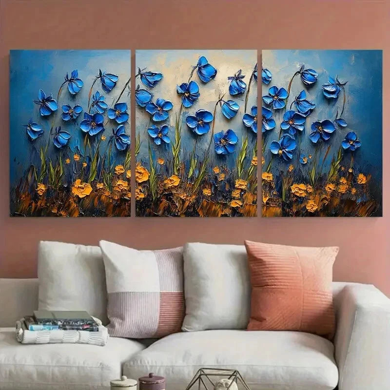 3pcs Bluebell Flowers Impasto Design Metal Print Ready to Hang Art - Bella Home Decor