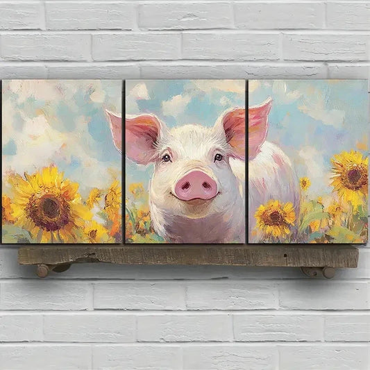3pcs Sunflower Pigs in The Fields Wall Art Set Canvas Framed 60x90cm - High Quality Print 100% Australian Made Wall Canvas Ready to Hang