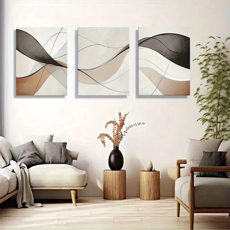 3pcs Abstract Beige & Black Geometric Design Metal Print Ready to Hang Art - Bella Home Decor
