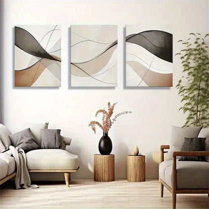 3pcs Abstract Beige & Black Geometric Design Metal Print Ready to Hang Art - Bella Home Decor
