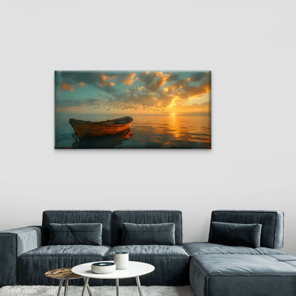 Sunset Boat Ocean Skyline Wall Art Canvas Office Home Room Framed 120x60cm
