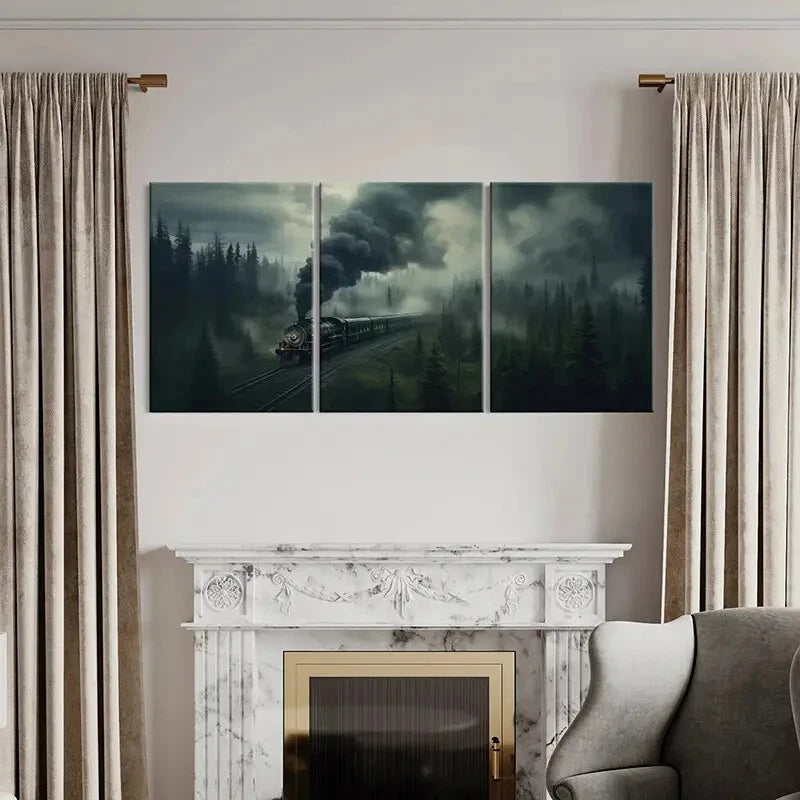 3pcs Misty Forest Steam Train Dark Sky Metal Print Ready to Hang Art - Bella Home Decor