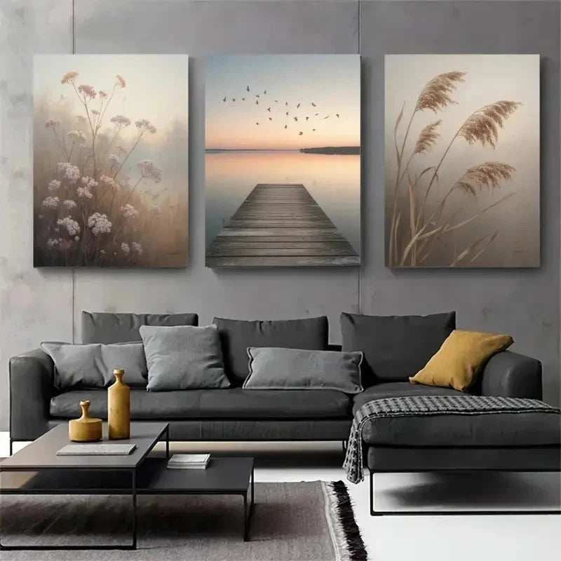 3pcs Dock, Birds, Wildflowers, Reed Grass Wall Art Set Canvas Framed 60x90cm - High Quality Print 100% Australian Made Wall Canvas Ready to Hang - Bella Home Decor