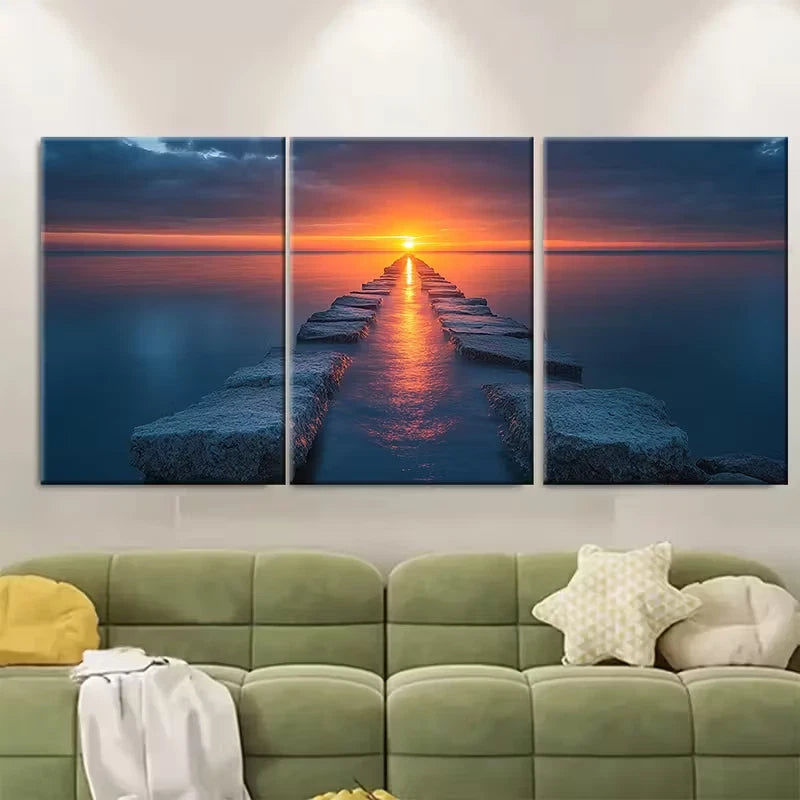 3pcs Serene Coastal Jetty Sunset Metal Print Ready to Hang Art