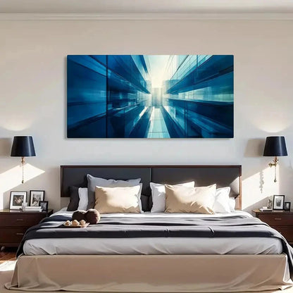 Symmetrical Blue Glass Light Wall Art Canvas Office Home Room Framed 120x60cm - Bella Home Decor