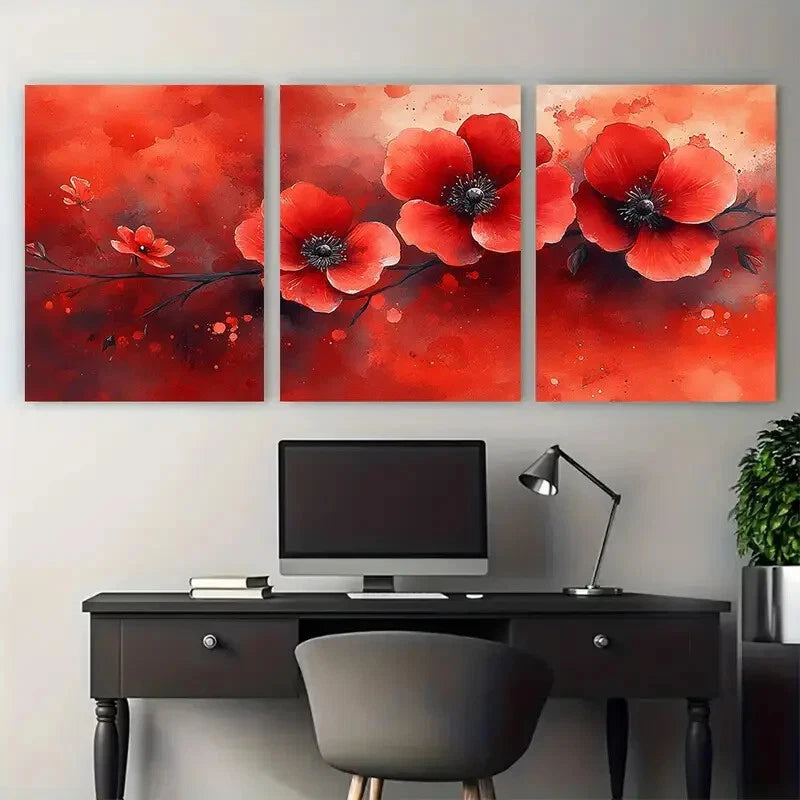 3pcs Vibrant Red Floral Textured Illustration Metal Print Ready to Hang Art - Bella Home Decor